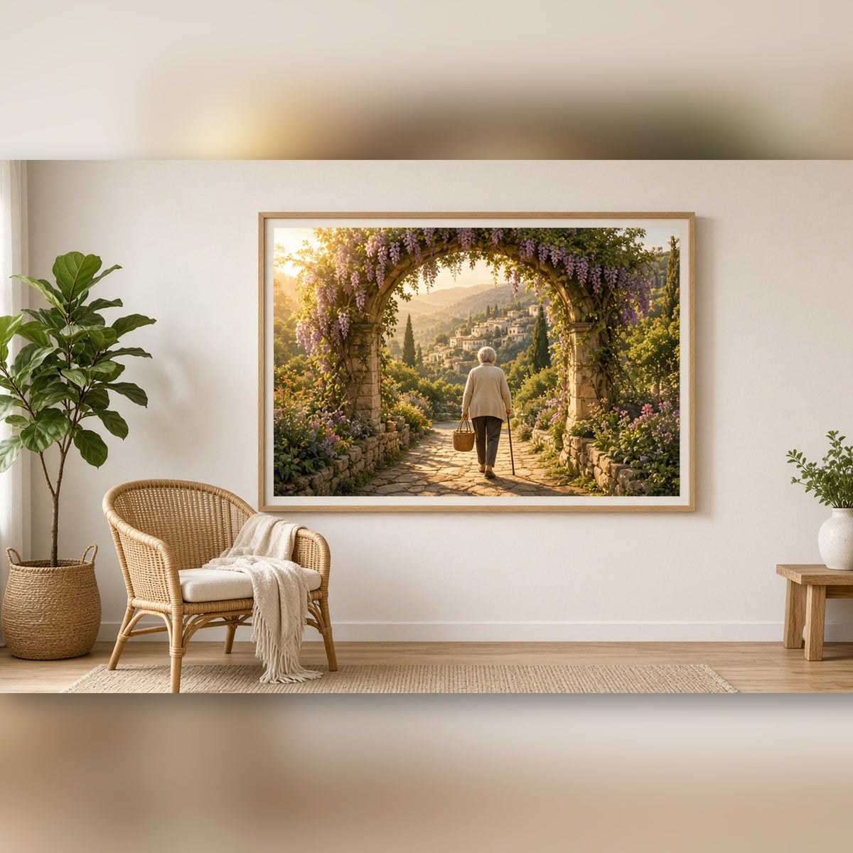 Golden-hour wisteria archway over a stone path to a hillside village with an older woman walking with a cane and basket printed flat on a framed print in a living room, made with prompt #5