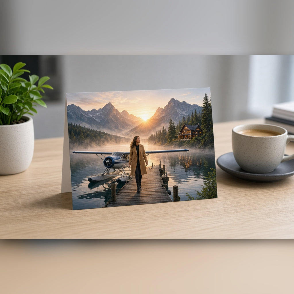 Dramatic arrival of a businesswoman in a camel coat stepping from a seaplane onto a misty pier at a mountain lake lodge at sunrise printed flat on a greeting card, made with prompt #23