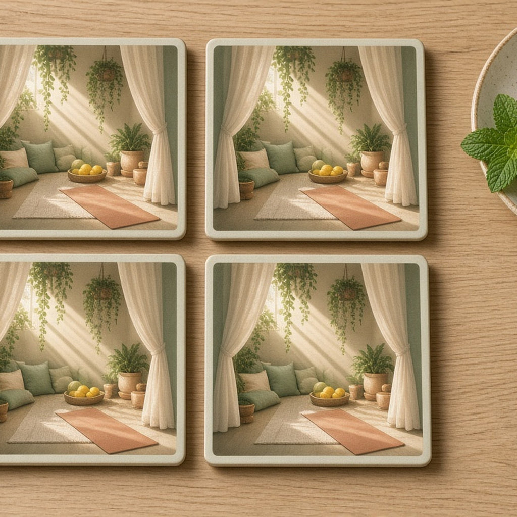 Hidden sunlit wellness nook with floor cushions, trailing plants, a yoga mat and a bowl of lemons printed flat on a set of 4 coasters, made with prompt #42