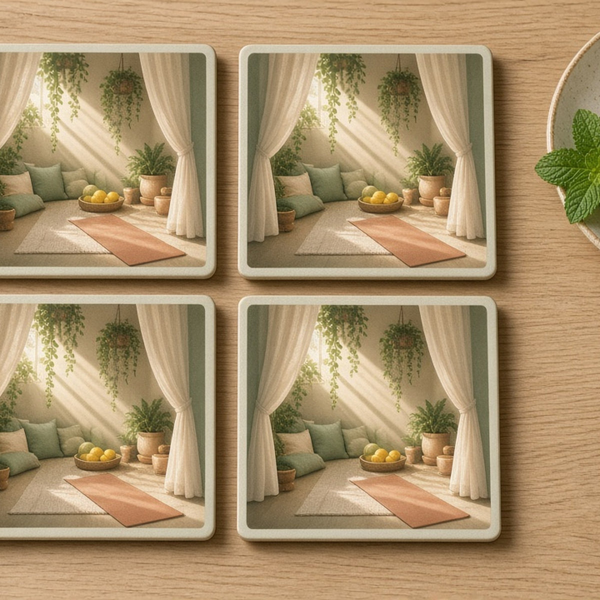 Hidden sunlit wellness nook with floor cushions, trailing plants, a yoga mat and a bowl of lemons printed flat on a set of 4 coasters, made with prompt #42