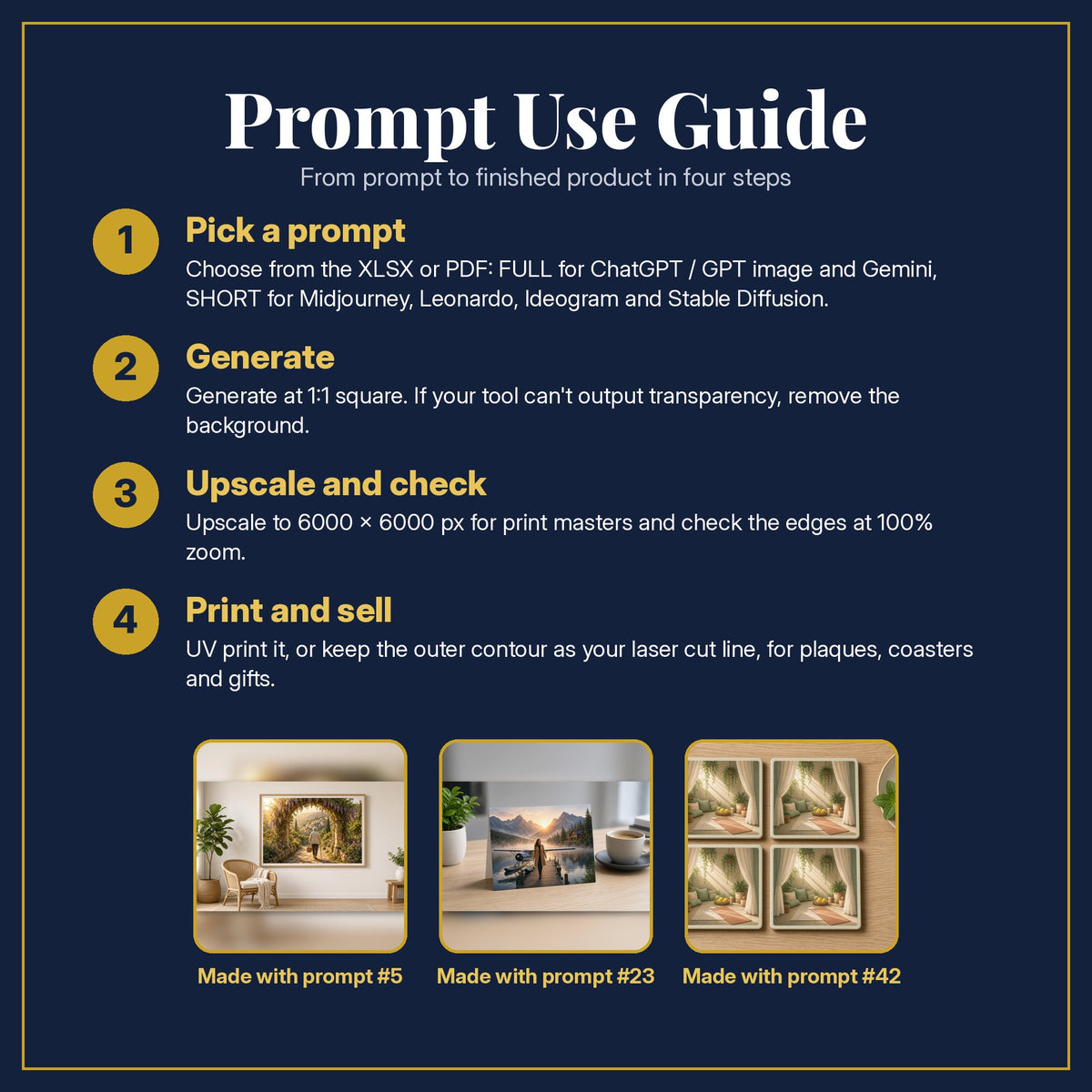 Prompt Use Guide for the Non-Fiction & Lifestyle Starter Pack: pick a prompt, generate, upscale and check, print and sell, with sample products made with the pack's prompts