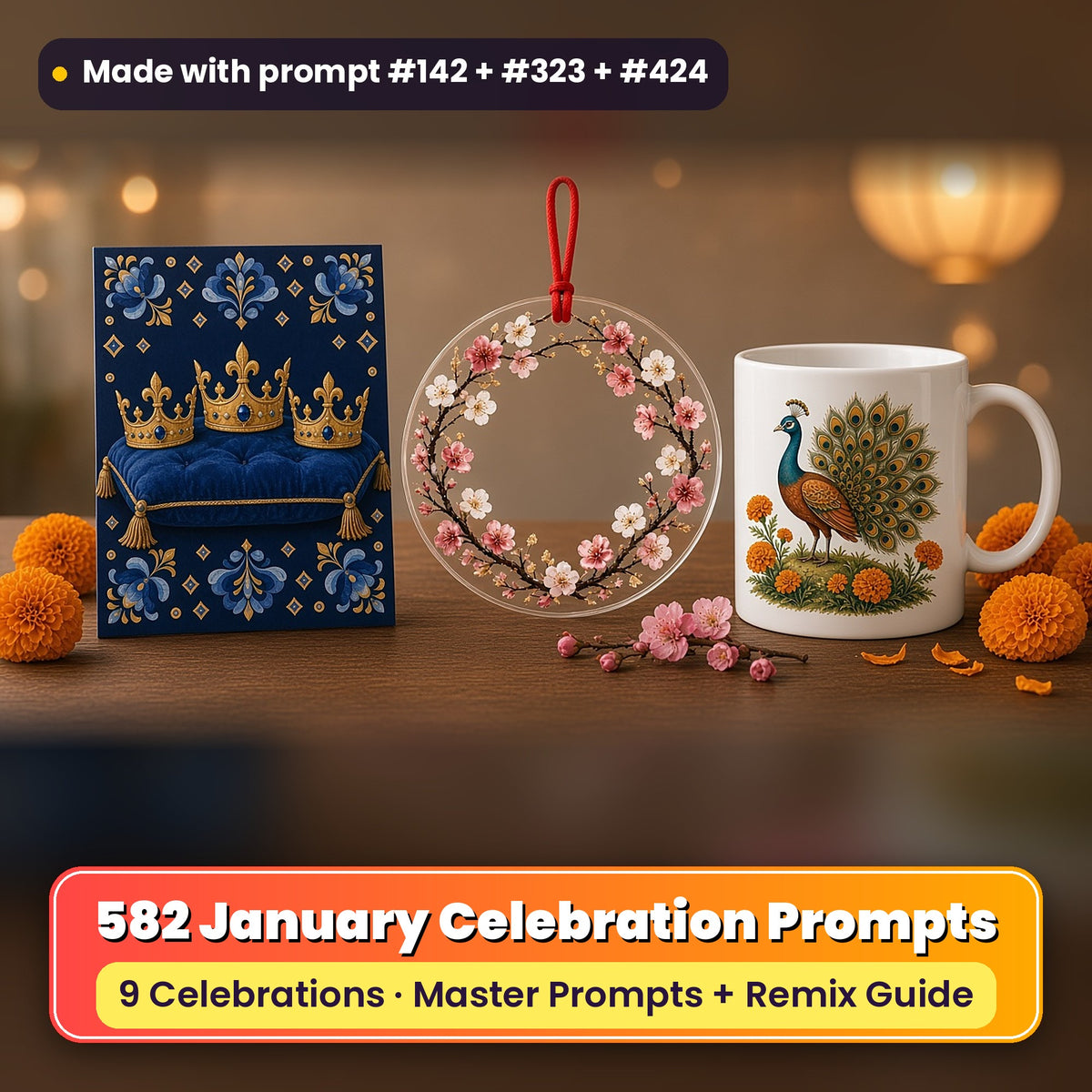 January Celebrations prompt bundle: 582 master prompts + Remix Guide, with a UV-printed greeting card, acrylic ornament and mug set made with prompts #142, #323 and #424