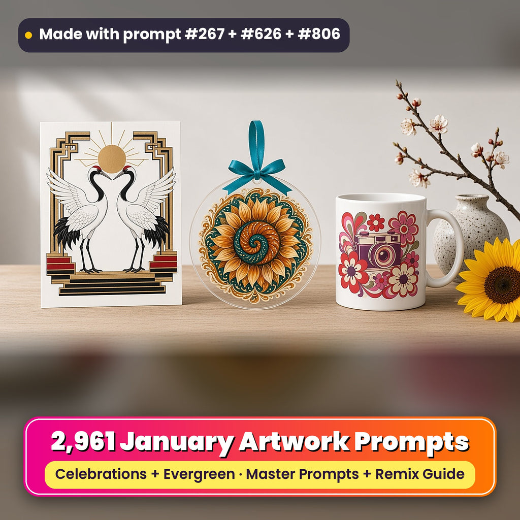 Complete January prompt library: 2,961 master prompts + Remix Guide, with a UV-printed greeting card, acrylic ornament and mug set made with prompts #267, #626 and #806