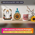 Complete January prompt library: 2,961 master prompts + Remix Guide, with a UV-printed greeting card, acrylic ornament and mug set made with prompts #267, #626 and #806