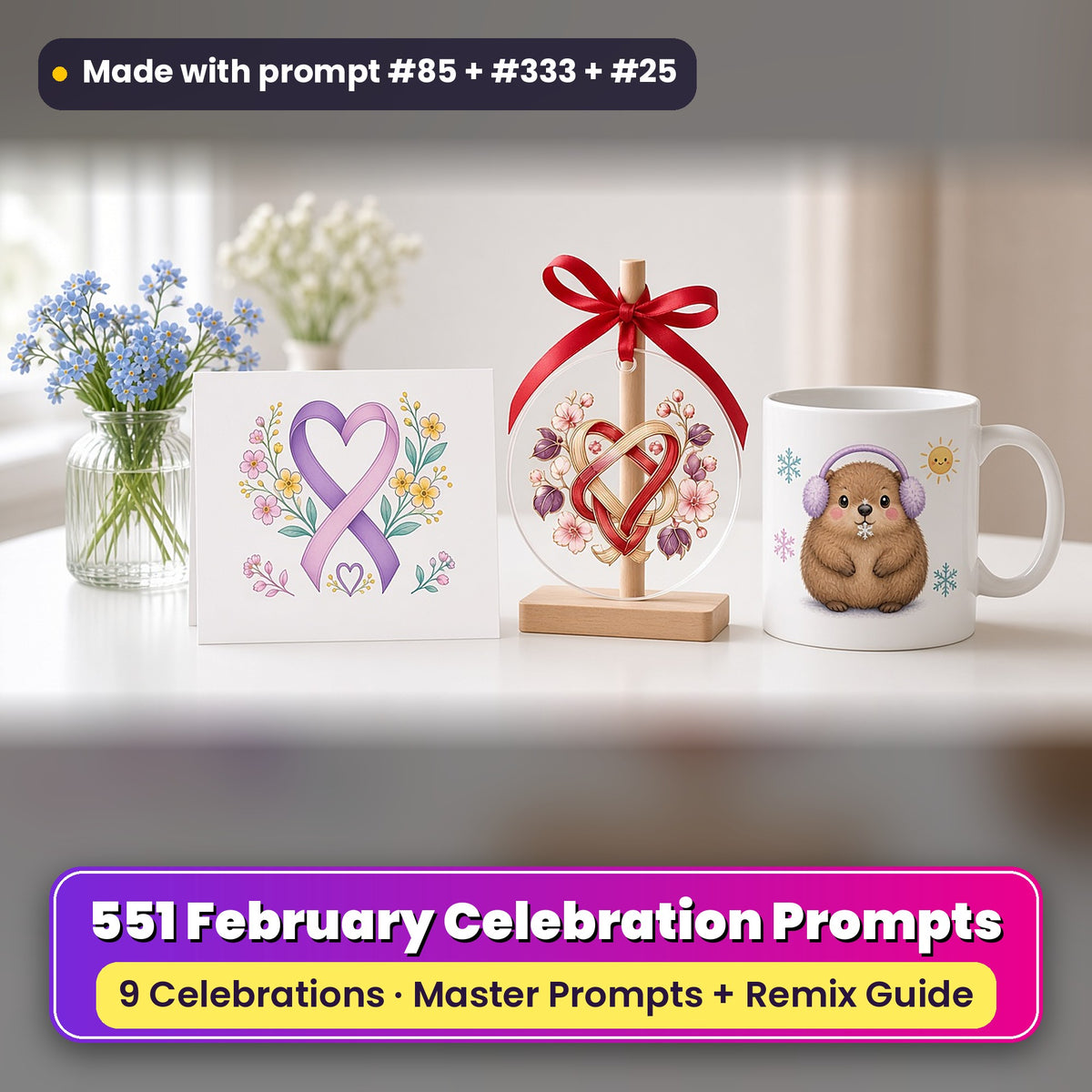 February Celebrations prompt bundle: 551 master prompts + Remix Guide, with a UV-printed greeting card, acrylic ornament and mug set made with prompts #85, #333 and #25
