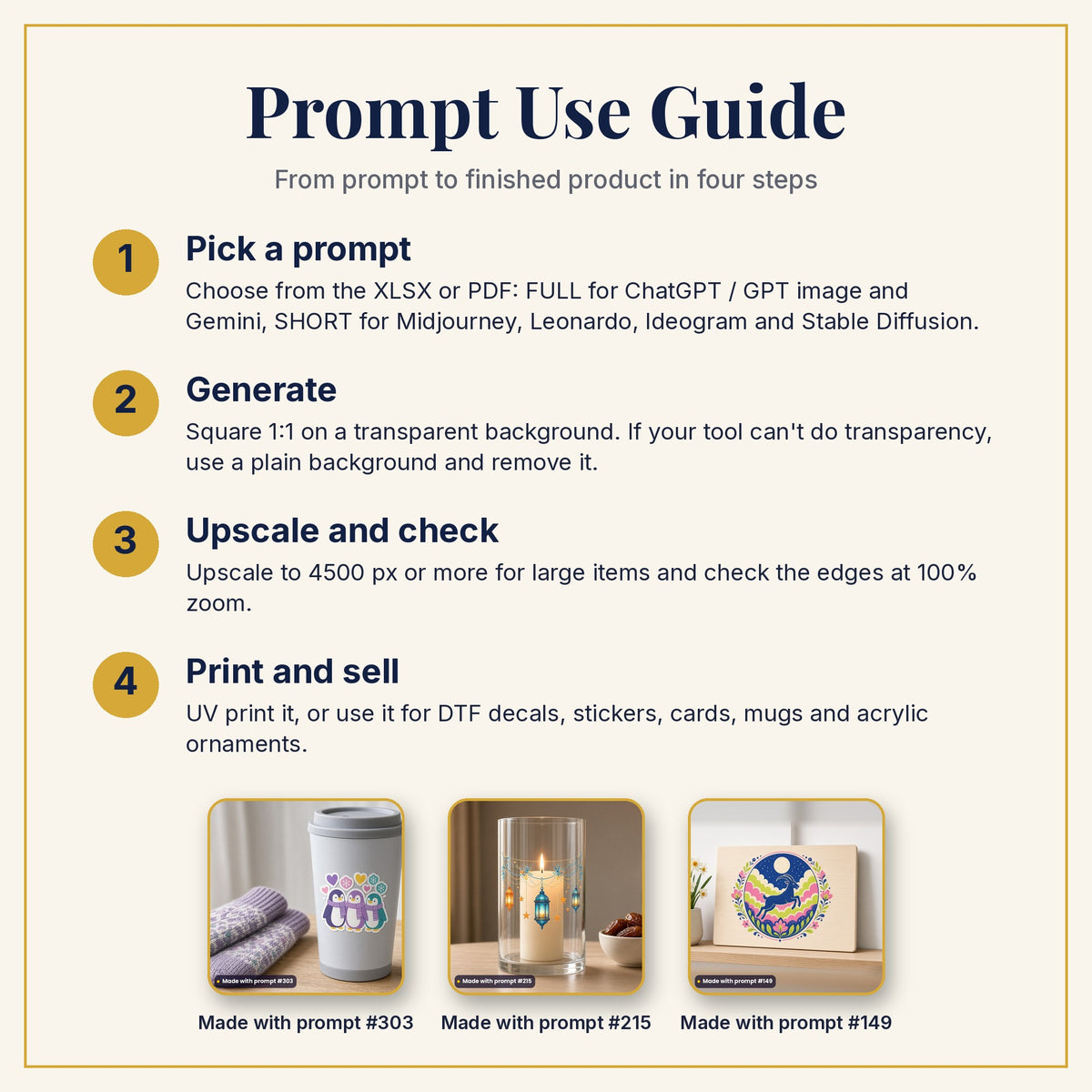 Prompt Use Guide: pick a prompt, generate, upscale and check, then print and sell, with example products made with prompts #303, #215 and #149