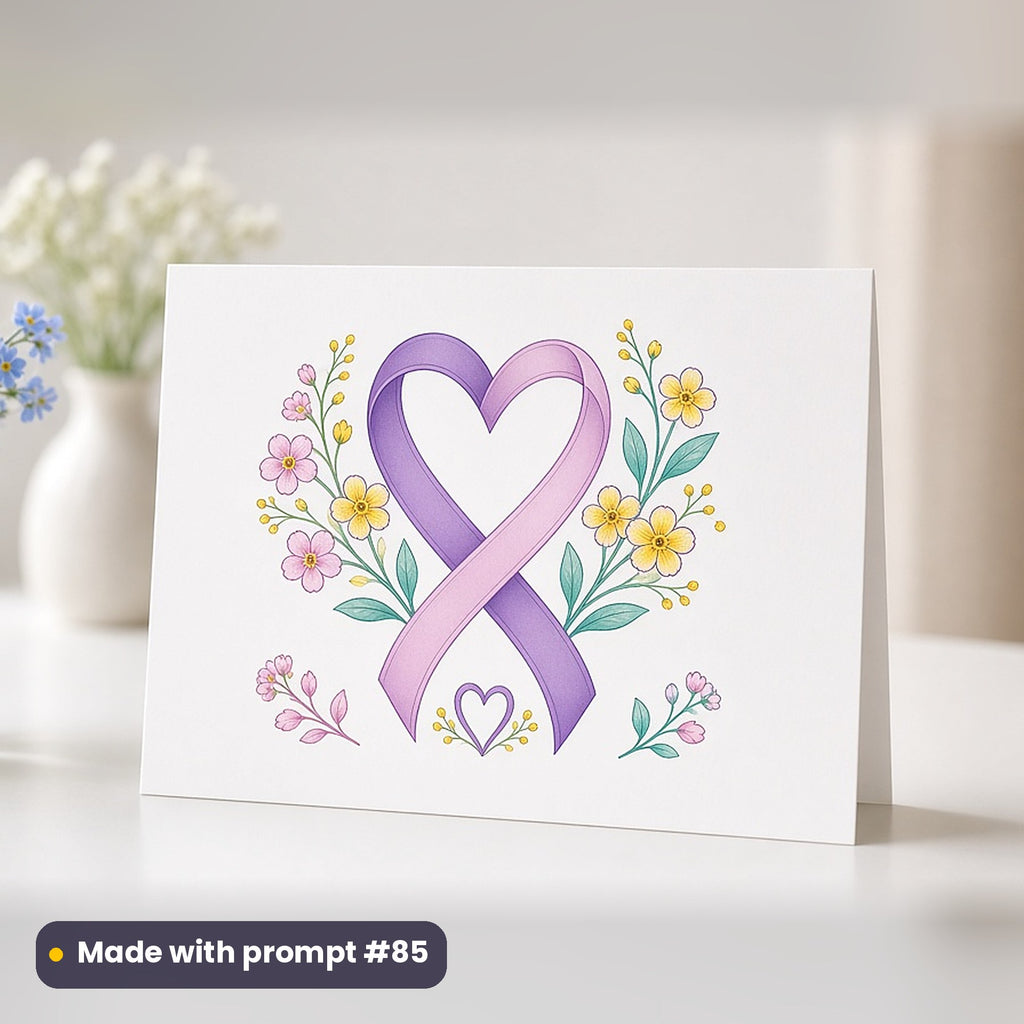 World Cancer Day artwork printed on a flat-printed greeting card: awareness ribbon looped into a heart with sprigs of forget-me-nots, elegant line & floral style, made with prompt #85 from this pack