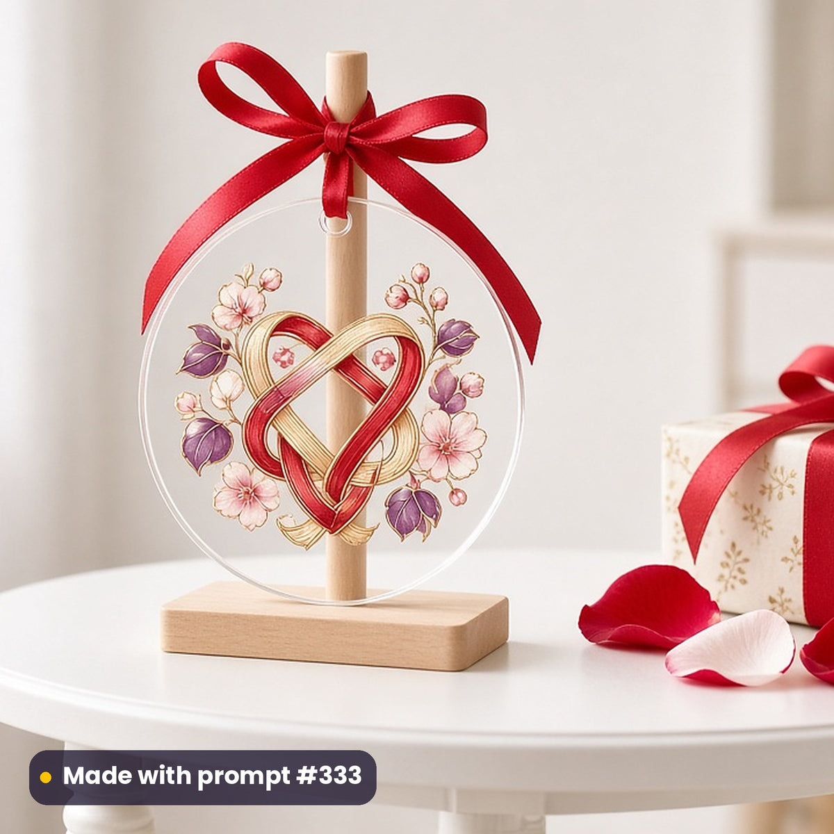 Valentine's Day artwork printed on a UV-printed clear acrylic ornament: love knot of red and gold ribbons, elegant line & floral style, made with prompt #333 from this pack