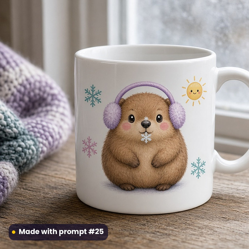 Groundhog Day artwork printed on a UV-printed ceramic mug: groundhog in earmuffs catching a snowflake on its nose, cute kawaii style, made with prompt #25 from this pack