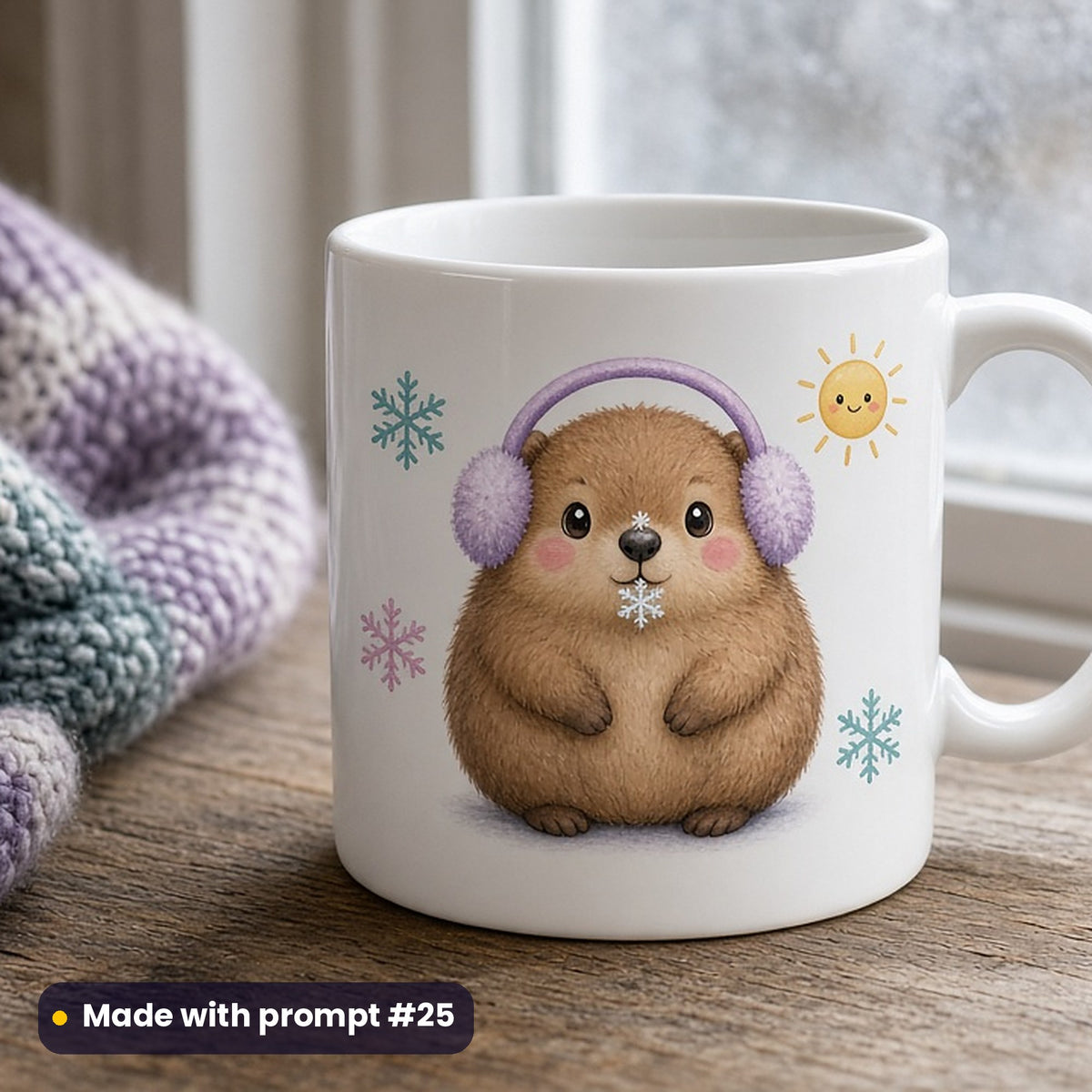 Groundhog Day artwork printed on a UV-printed ceramic mug: groundhog in earmuffs catching a snowflake on its nose, cute kawaii style, made with prompt #25 from this pack