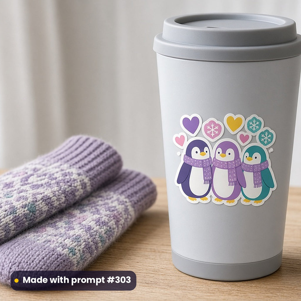 Galentine's Day artwork printed on a die-cut vinyl sticker: trio of penguins in matching scarves, modern scandinavian style, made with prompt #303 from this pack