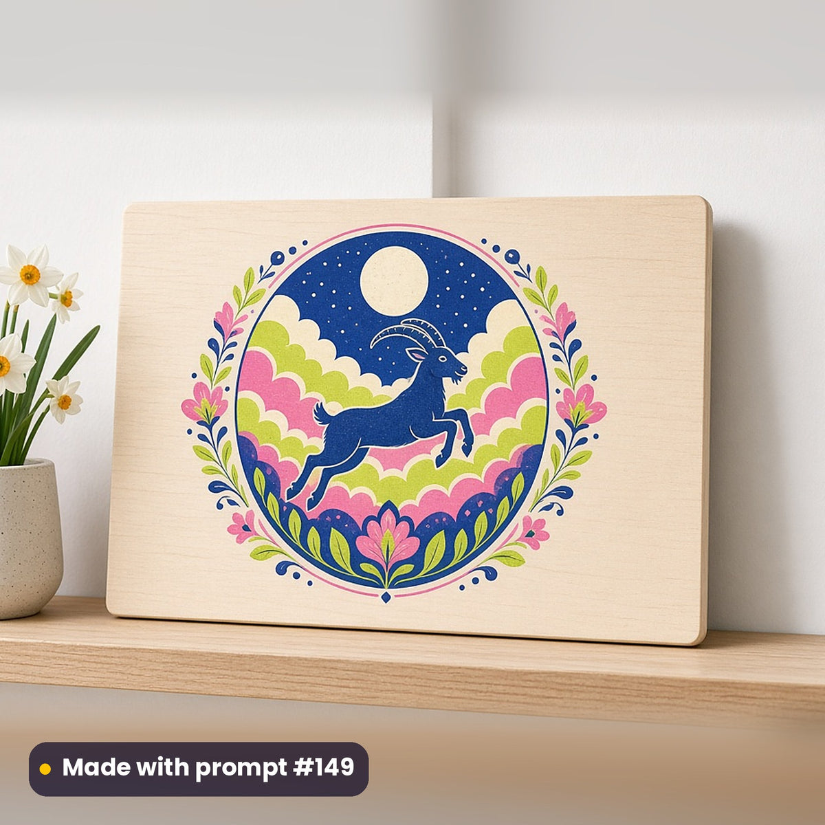 Lunar New Year artwork printed on a UV-printed wooden plaque: full moon with drifting clouds and a leaping goat silhouette, modern scandinavian style, made with prompt #149 from this pack