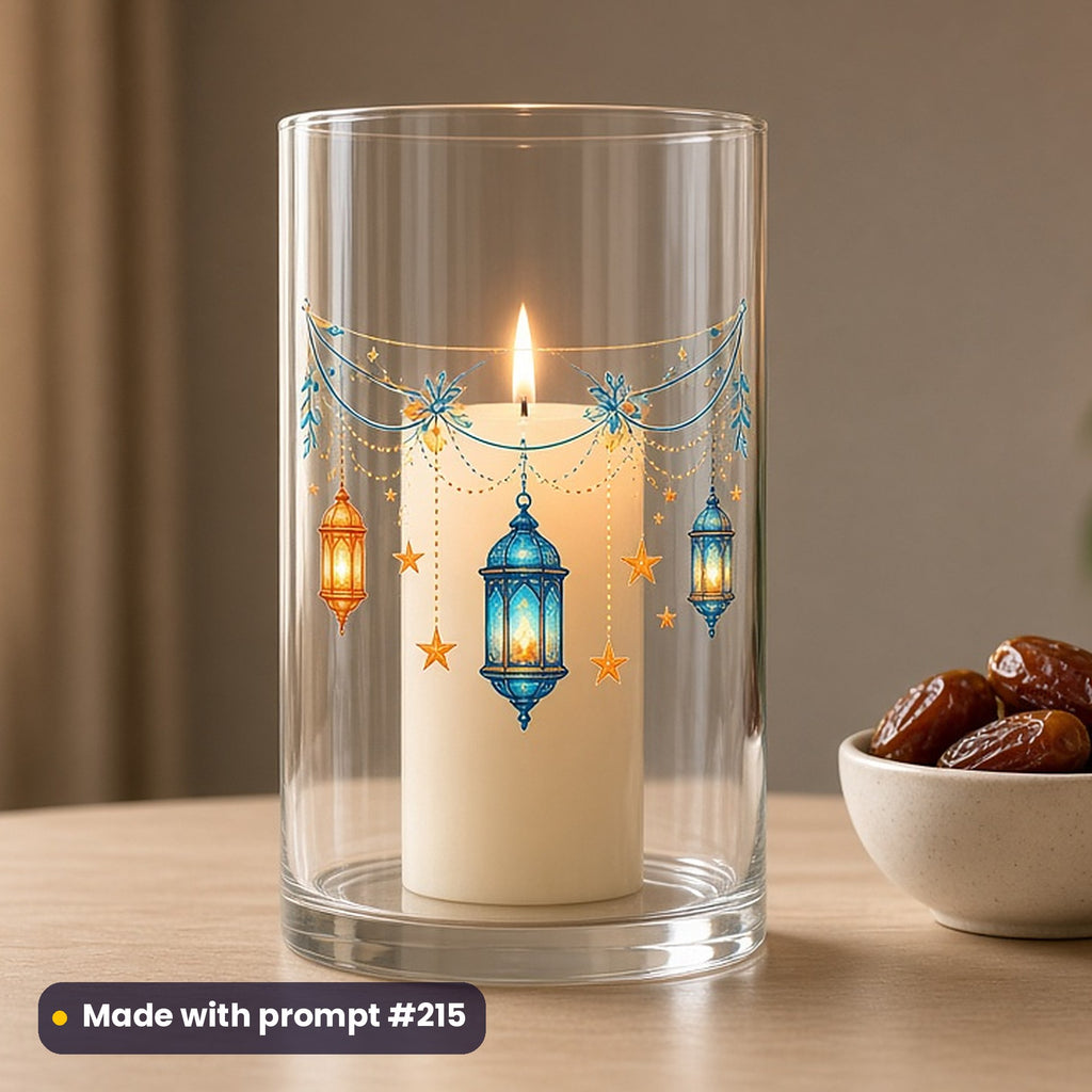 Ramadan artwork printed on a UV DTF decal on glass: lantern garland woven with fairy lights, elegant line & floral style, made with prompt #215 from this pack