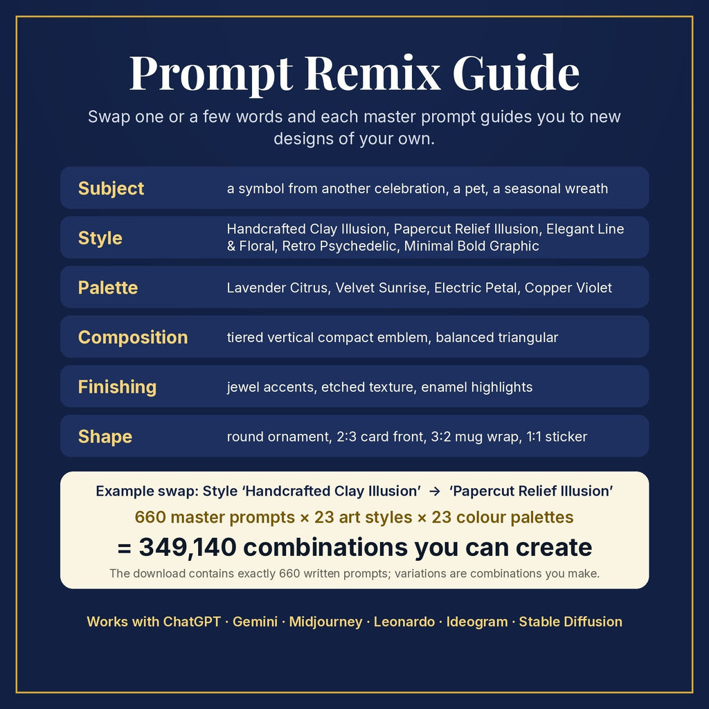 Prompt Remix Guide: swap subject, style, palette, composition, finishing and shape; 660 master prompts × 23 styles × 23 palettes = 349,140 combinations you can create