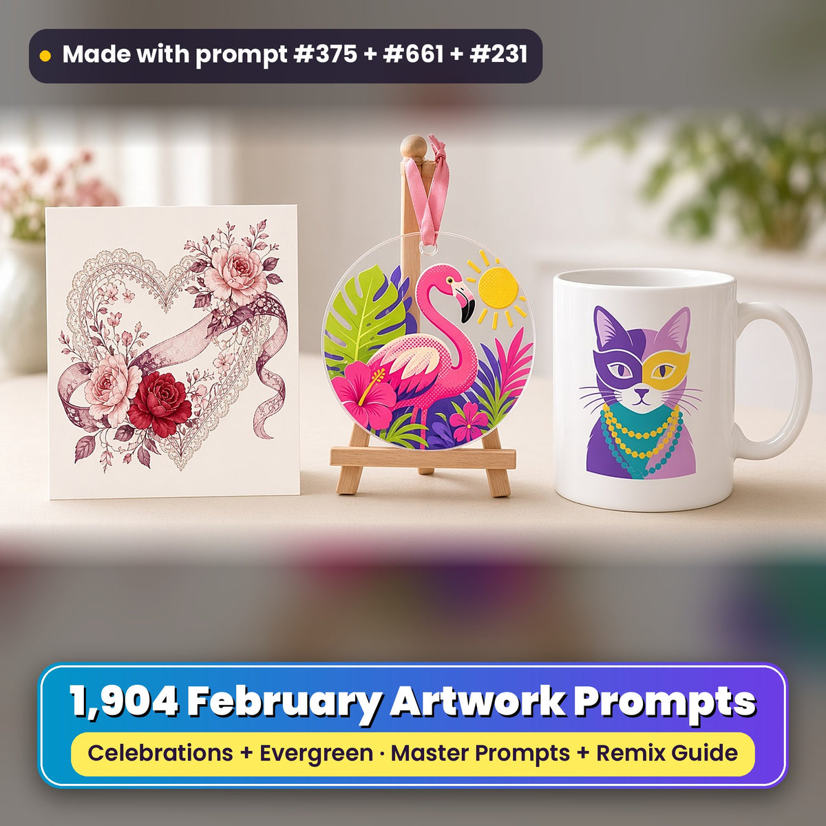 Complete February prompt library: 1,904 master prompts + Remix Guide, with a UV-printed greeting card, acrylic ornament and mug set made with prompts #375, #661 and #231