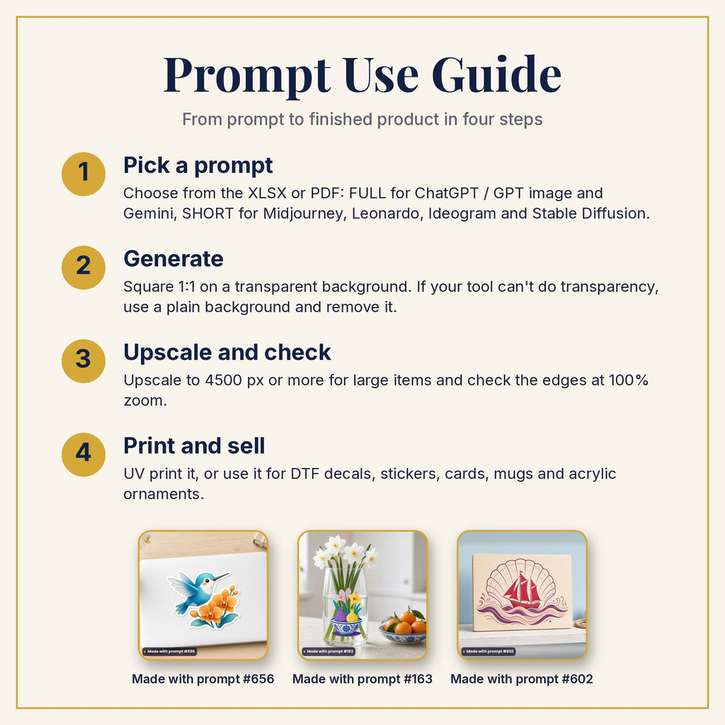 Prompt Use Guide: pick a prompt, generate, upscale and check, then print and sell, with example products made with prompts #656, #163 and #602