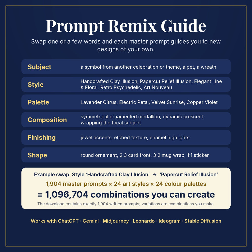 Prompt Remix Guide: swap subject, style, palette, composition, finishing and shape; 1,904 master prompts × 24 styles × 24 palettes = 1,096,704 combinations you can create