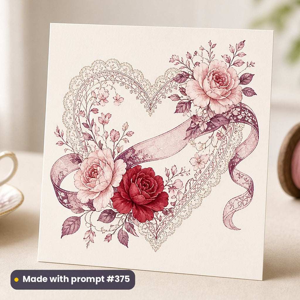 Valentine's Day artwork printed on a flat-printed greeting card: vintage lace-doily heart with paper roses and ribbon, elegant line & floral style, made with prompt #375 from this pack