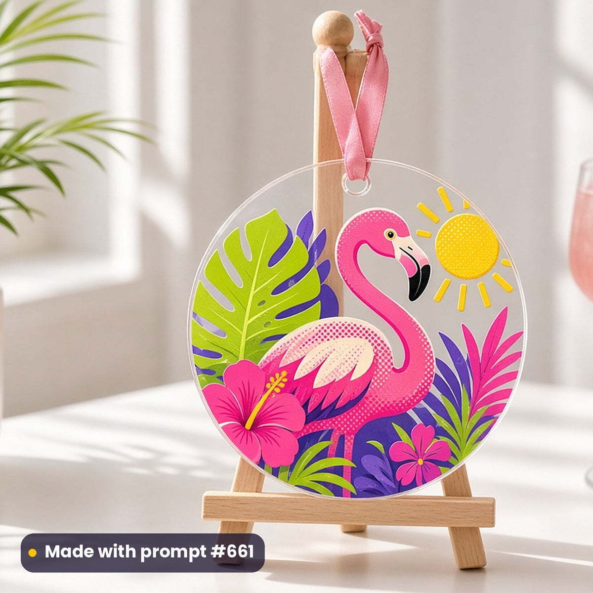 Travel & Coastal artwork printed on a UV-printed clear acrylic ornament: tropical flamingo floral motif, pop art style, made with prompt #661 from this pack