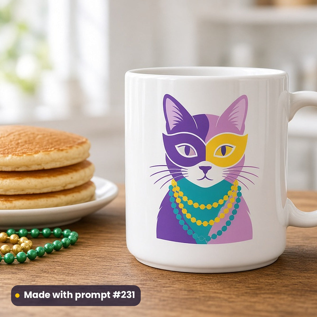 Mardi Gras & Pancake Day artwork printed on a UV-printed ceramic mug: cat in a masquerade mask with bead necklaces, minimal bold graphic style, made with prompt #231 from this pack