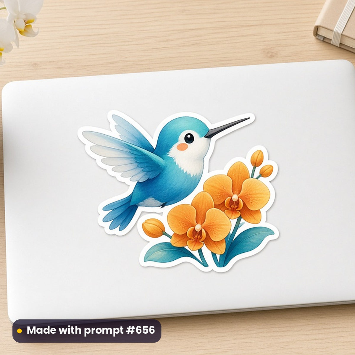 Pets & Animal Portraits artwork printed on a die-cut vinyl sticker: hummingbird with orchids, cute kawaii style, made with prompt #656 from this pack