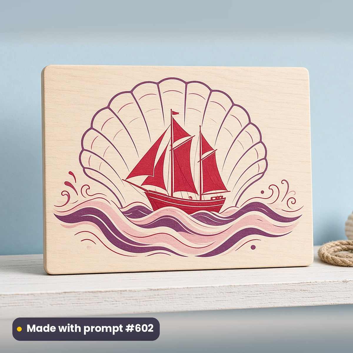 Travel & Coastal artwork printed on a UV-printed wooden plaque: sailing ship in shell silhouette, modern scandinavian style, made with prompt #602 from this pack