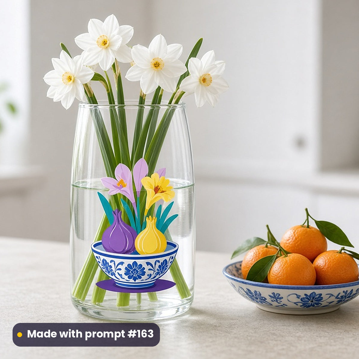 Lunar New Year artwork printed on a UV DTF decal on glass: narcissus bulbs flowering in a blue-and-white bowl, minimal bold graphic style, made with prompt #163 from this pack