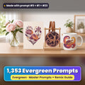 February Evergreen prompt library: 1,353 master prompts + Remix Guide, with a UV-printed greeting card, acrylic ornament and mug set made with prompts #5, #1 and #23