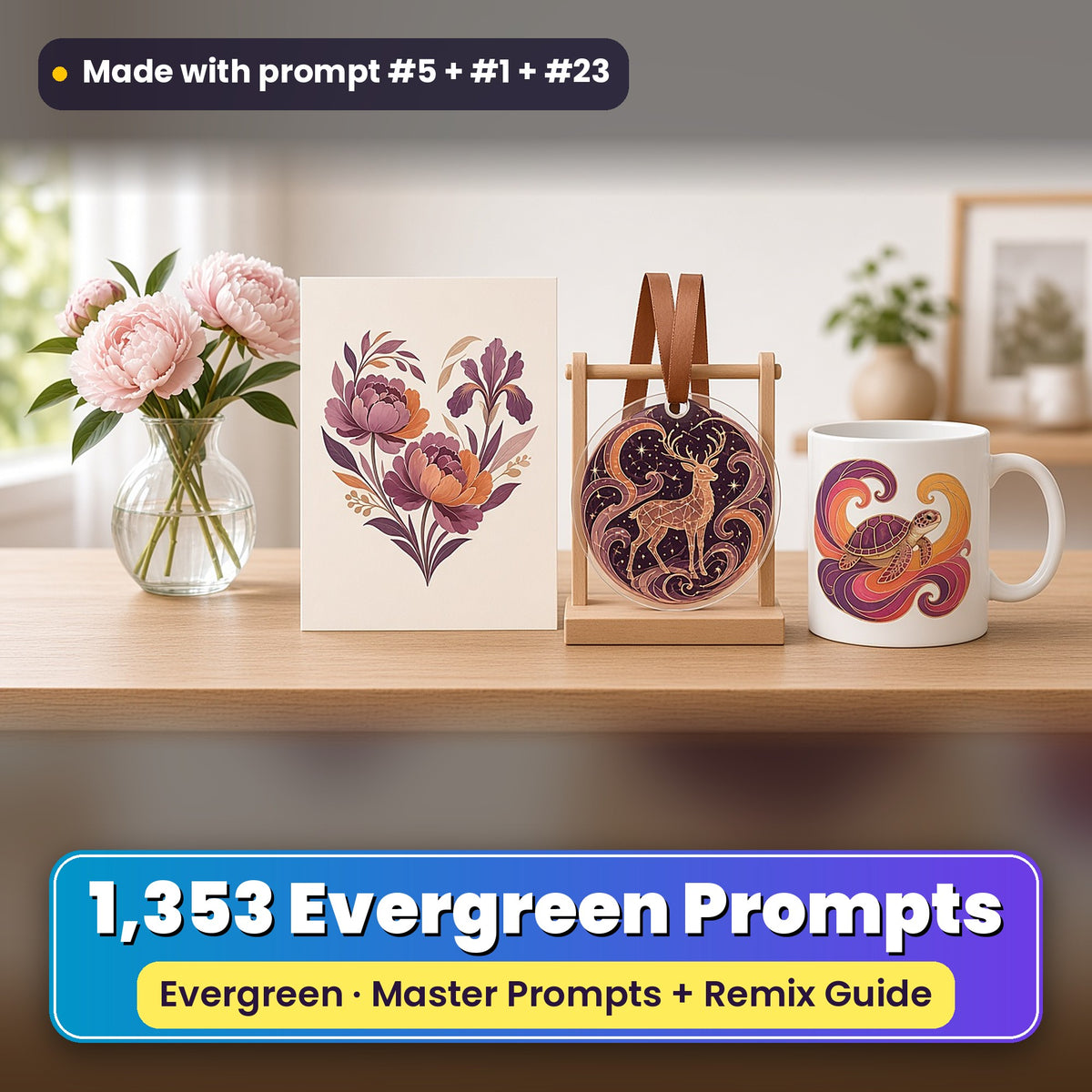 February Evergreen prompt library: 1,353 master prompts + Remix Guide, with a UV-printed greeting card, acrylic ornament and mug set made with prompts #5, #1 and #23