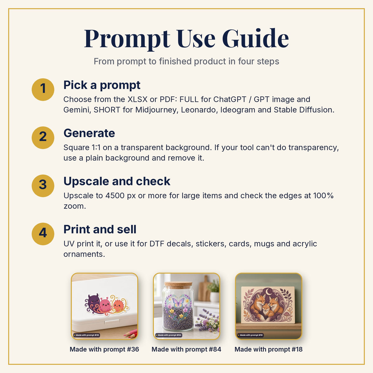 Prompt Use Guide: pick a prompt, generate, upscale and check, then print and sell, with example products made with prompts #36, #84 and #18