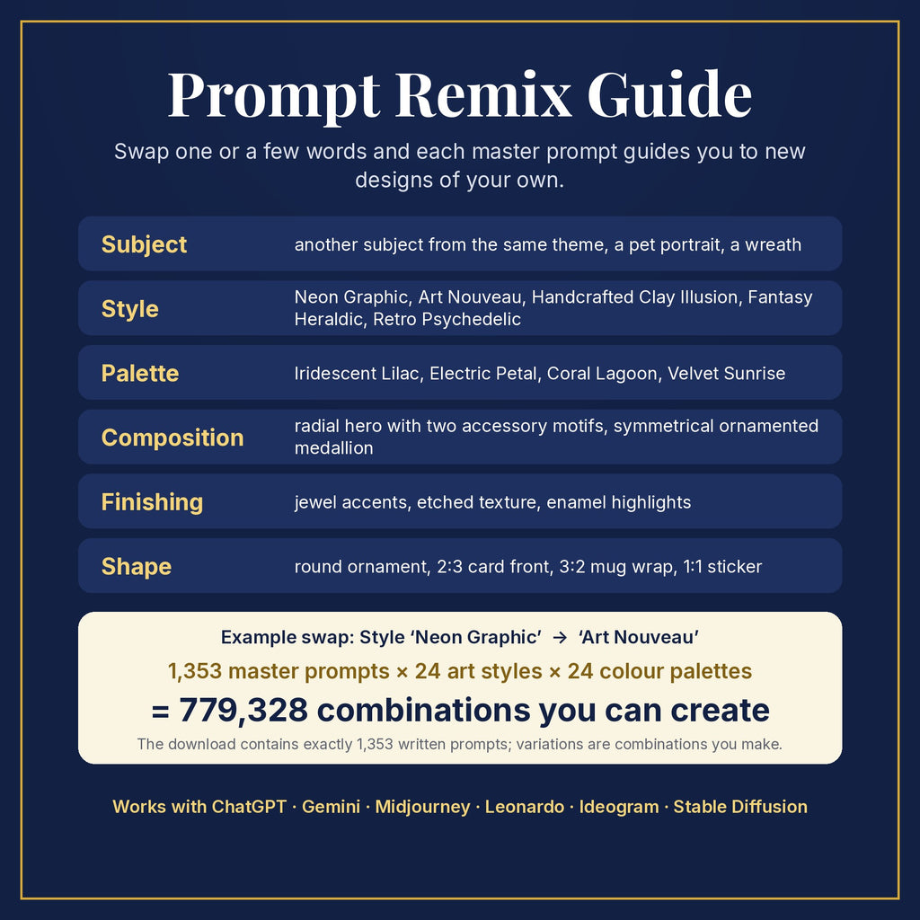 Prompt Remix Guide: swap subject, style, palette, composition, finishing and shape; 1,353 master prompts × 24 styles × 24 palettes = 779,328 combinations you can create
