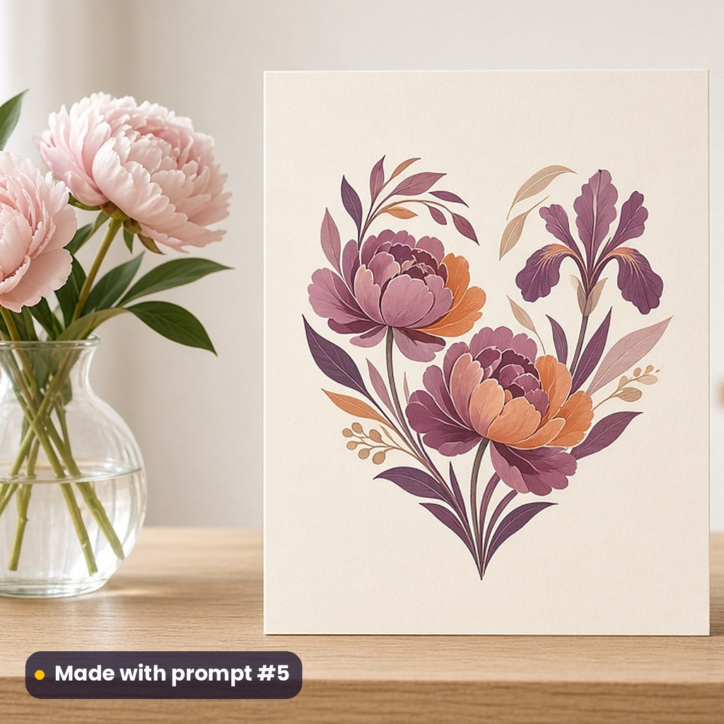 Botanical Illustration artwork printed on a flat-printed greeting card: peony and iris spray, modern scandinavian style, made with prompt #5 from this pack