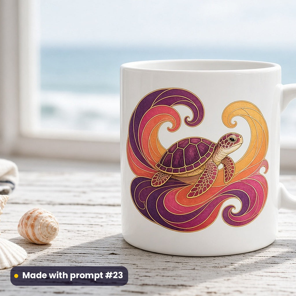 Kids Characters artwork printed on a UV-printed ceramic mug: baby sea turtle, art nouveau style, made with prompt #23 from this pack