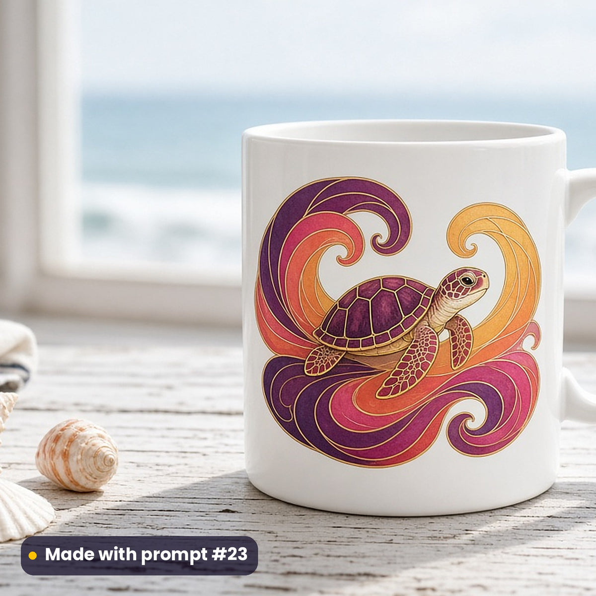 Kids Characters artwork printed on a UV-printed ceramic mug: baby sea turtle, art nouveau style, made with prompt #23 from this pack