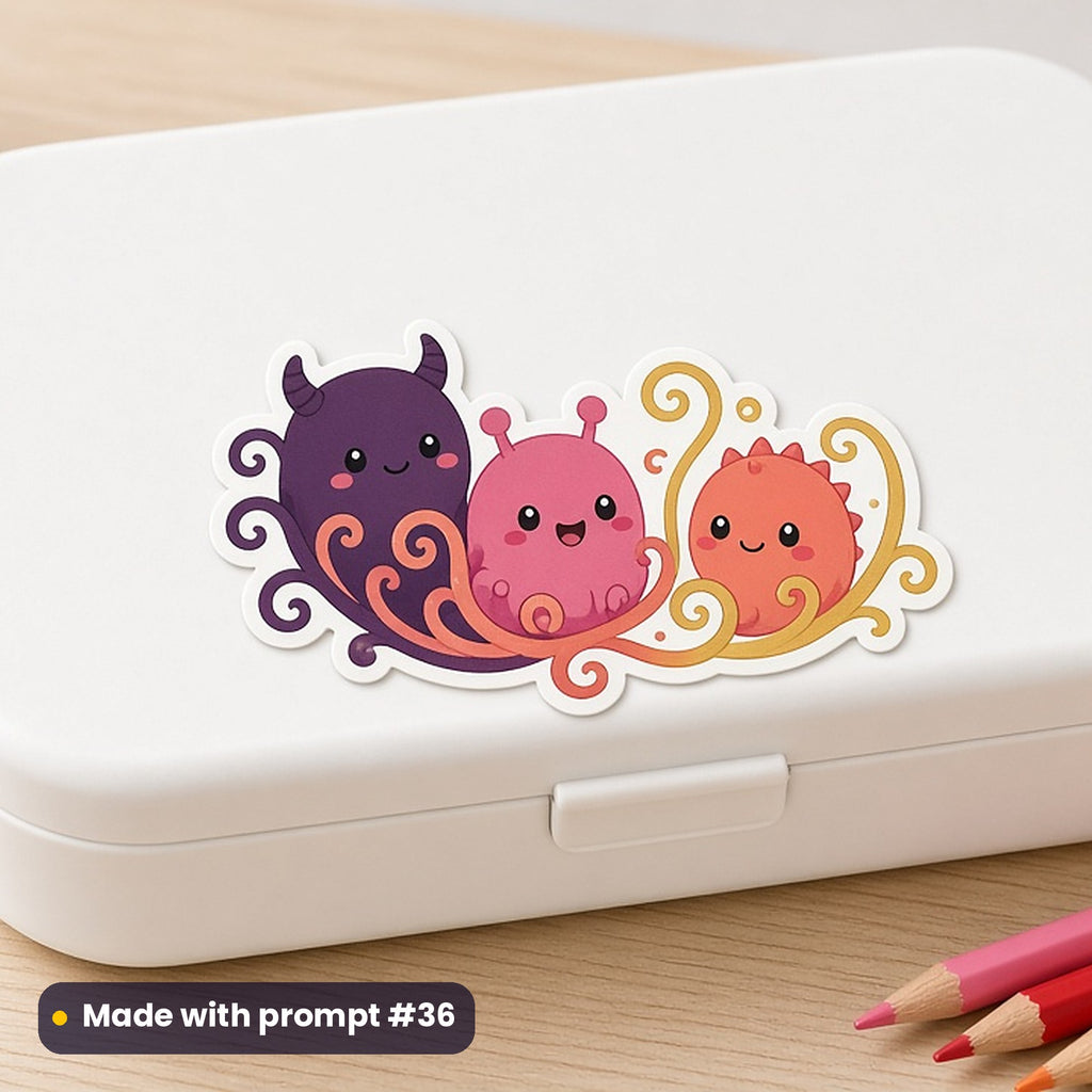 Kids Characters artwork printed on a die-cut vinyl sticker: smiling monster trio, cute kawaii style, made with prompt #36 from this pack