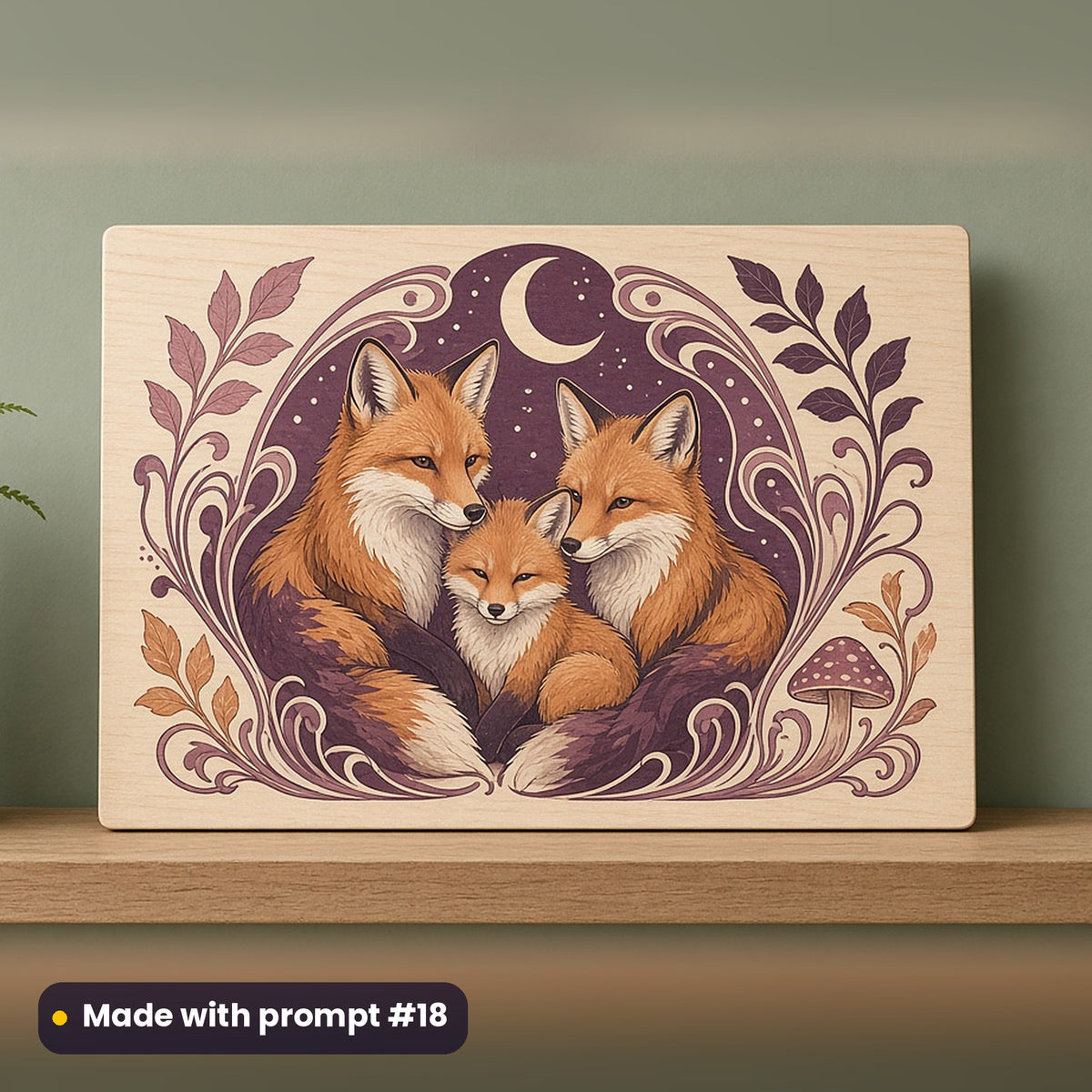 Pets & Animal Portraits artwork printed on a UV-printed wooden plaque: fox family, art nouveau style, made with prompt #18 from this pack