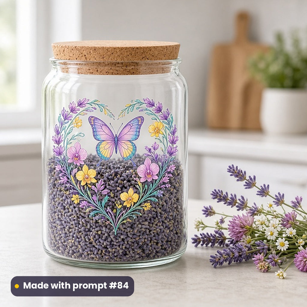 Botanical Illustration artwork printed on a UV DTF decal on glass: floral butterfly wreath, elegant line & floral style, made with prompt #84 from this pack