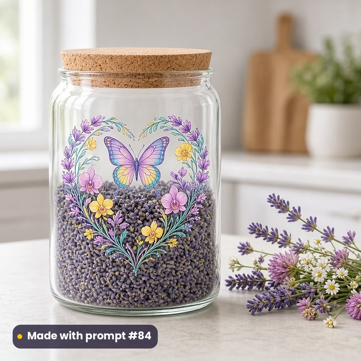 Botanical Illustration artwork printed on a UV DTF decal on glass: floral butterfly wreath, elegant line & floral style, made with prompt #84 from this pack