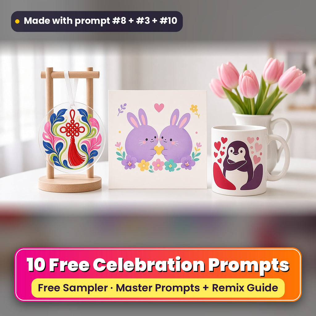 Worldwide Celebrations Free Prompt Sampler prompt pack: 10 master prompts + Remix Guide, with a UV-printed greeting card, acrylic ornament and mug set made with prompts #8, #3 and #10