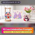 Worldwide Celebrations Free Prompt Sampler prompt pack: 10 master prompts + Remix Guide, with a UV-printed greeting card, acrylic ornament and mug set made with prompts #8, #3 and #10