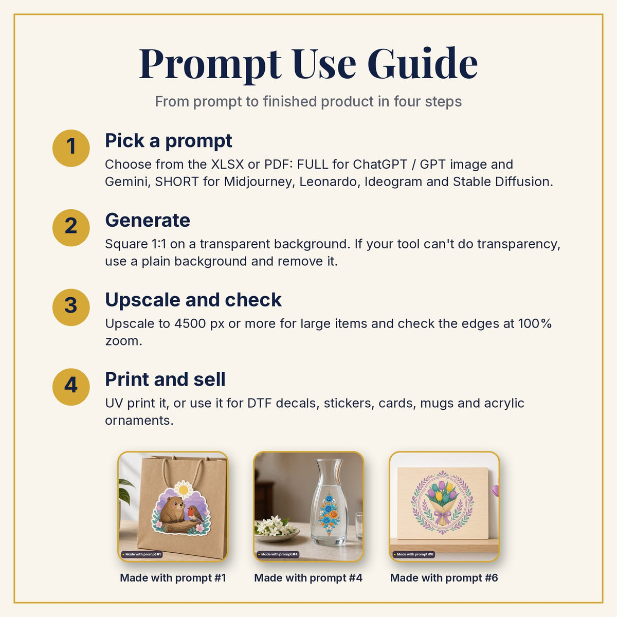 Prompt Use Guide: pick a prompt, generate, upscale and check, then print and sell, with example products made with prompts #1, #4 and #6