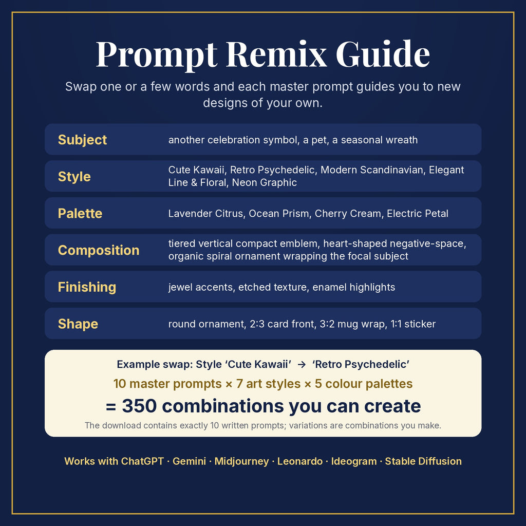 Prompt Remix Guide: swap subject, style, palette, composition, finishing and shape; 10 master prompts × 7 styles × 5 palettes = 350 combinations you can create