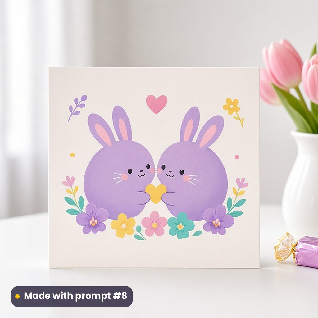 Valentine's Day artwork printed on a flat-printed greeting card: bunny pair nose to nose with a heart between them, cute kawaii style, made with prompt #8 from this pack