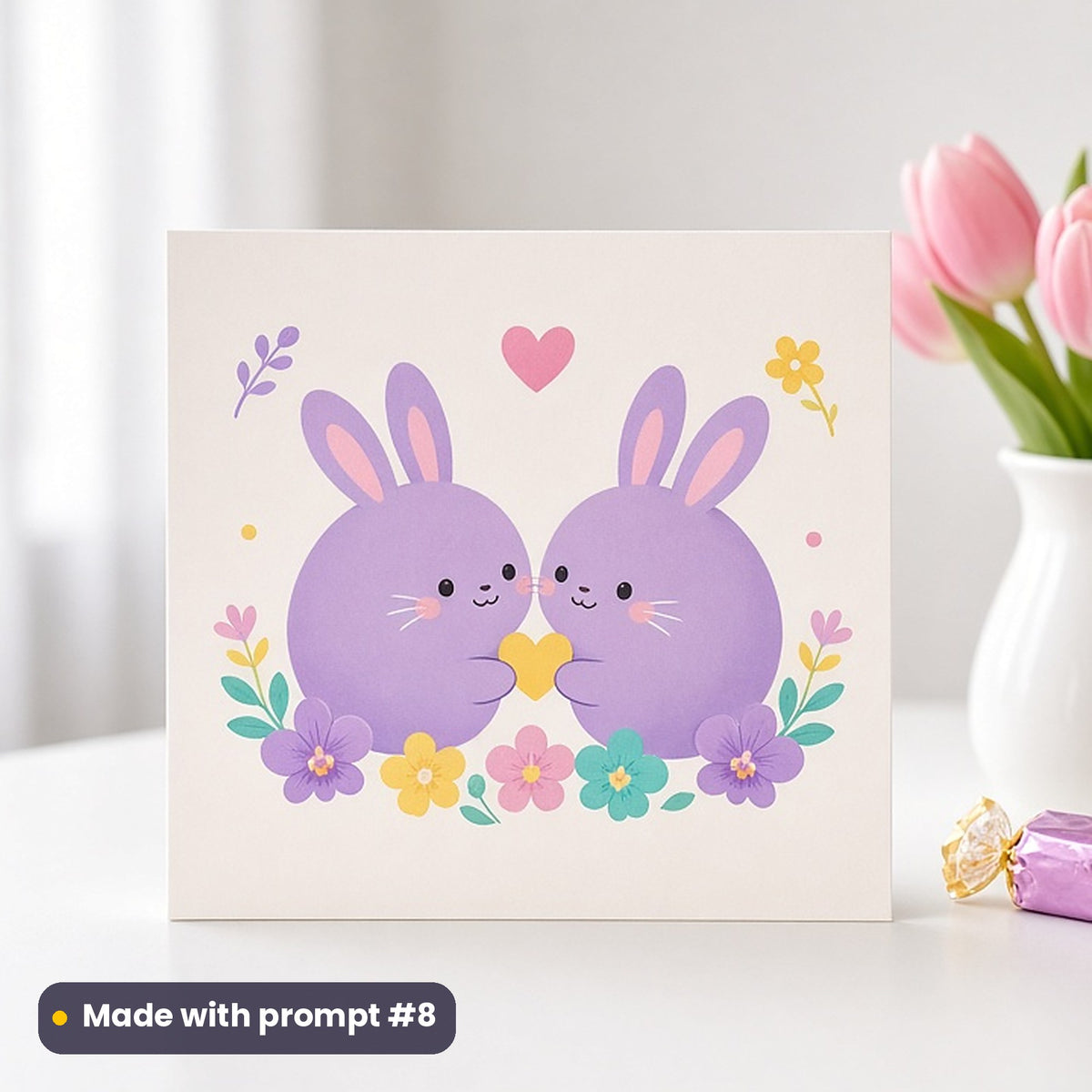 Valentine's Day artwork printed on a flat-printed greeting card: bunny pair nose to nose with a heart between them, cute kawaii style, made with prompt #8 from this pack