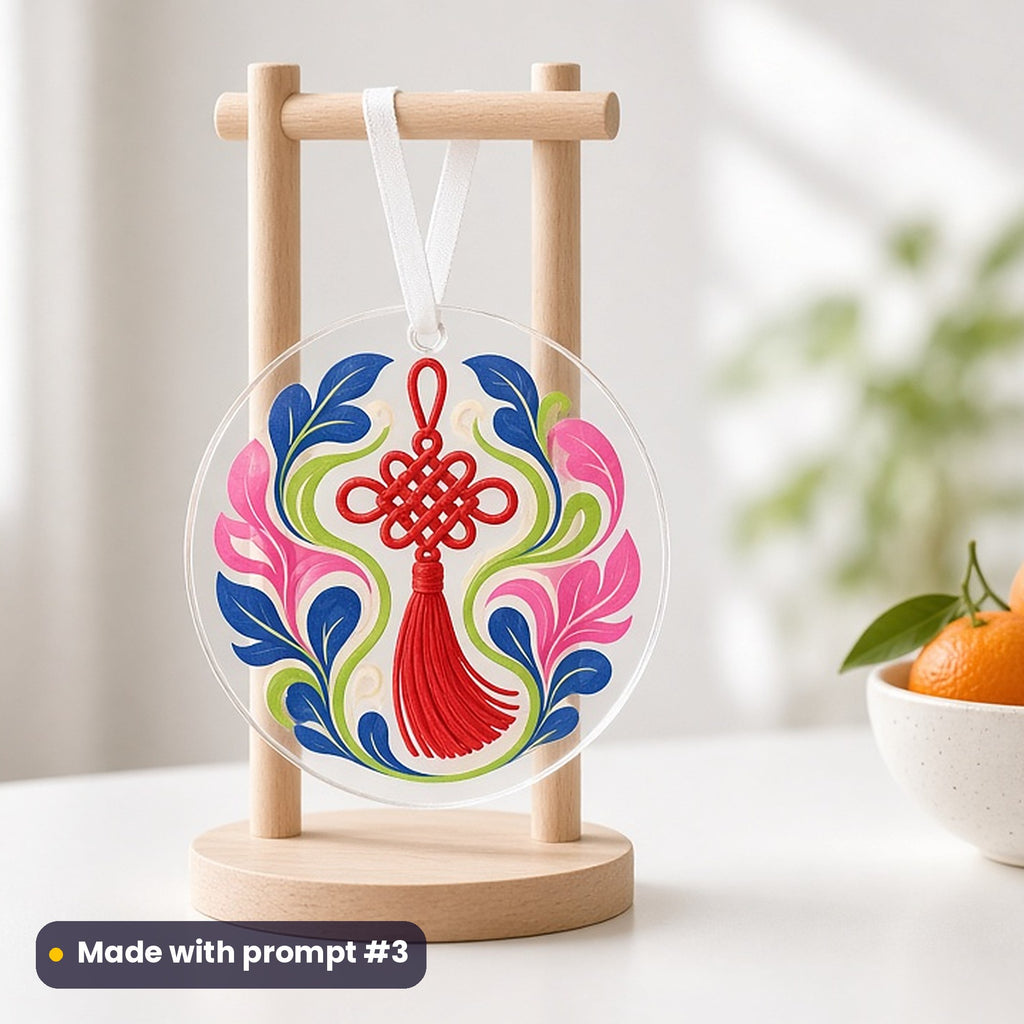 Lunar New Year artwork printed on a UV-printed clear acrylic ornament: decorative red knot with a long silk tassel, modern scandinavian style, made with prompt #3 from this pack