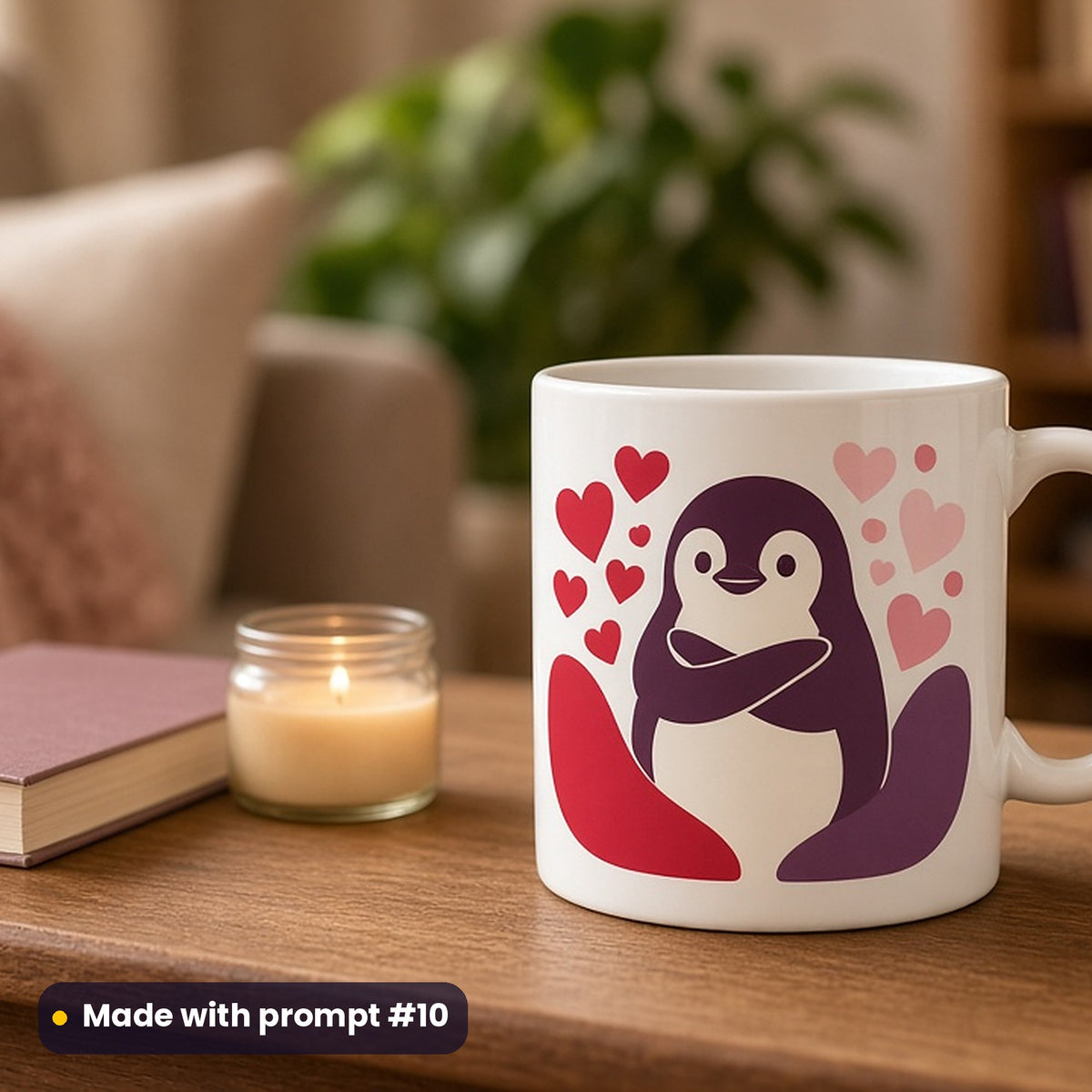 Singles Awareness Day artwork printed on a UV-printed ceramic mug: penguin giving itself a hug, minimal bold graphic style, made with prompt #10 from this pack