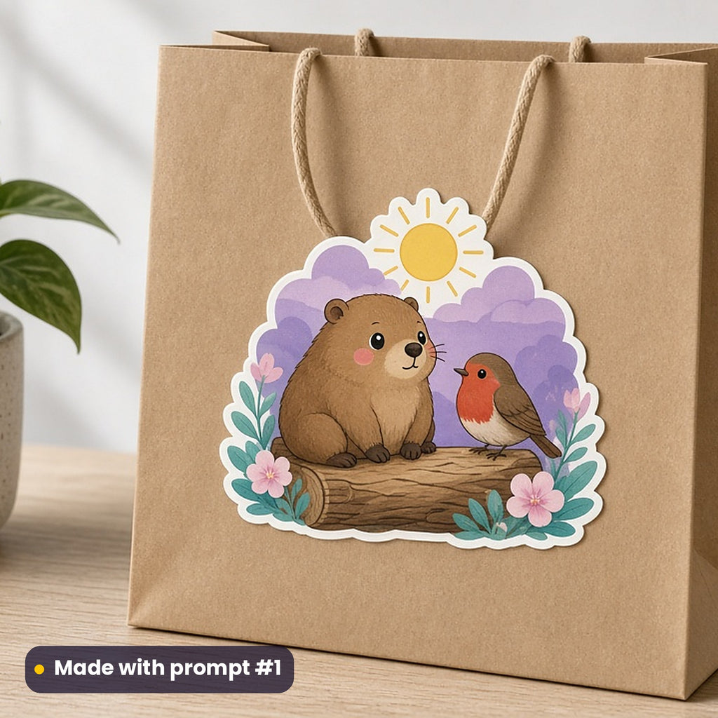 Groundhog Day artwork printed on a die-cut vinyl sticker: groundhog and a robin sharing a sunny patch on a log, cute kawaii style, made with prompt #1 from this pack