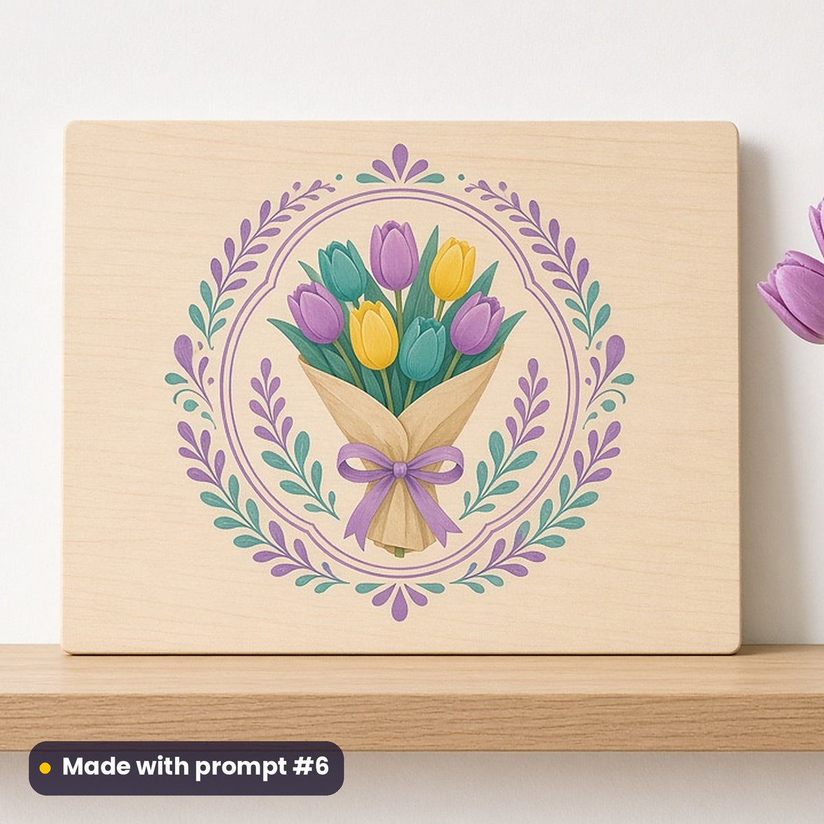 Galentine's Day artwork printed on a UV-printed wooden plaque: tulip bouquet wrapped in kraft paper for a friend, modern scandinavian style, made with prompt #6 from this pack
