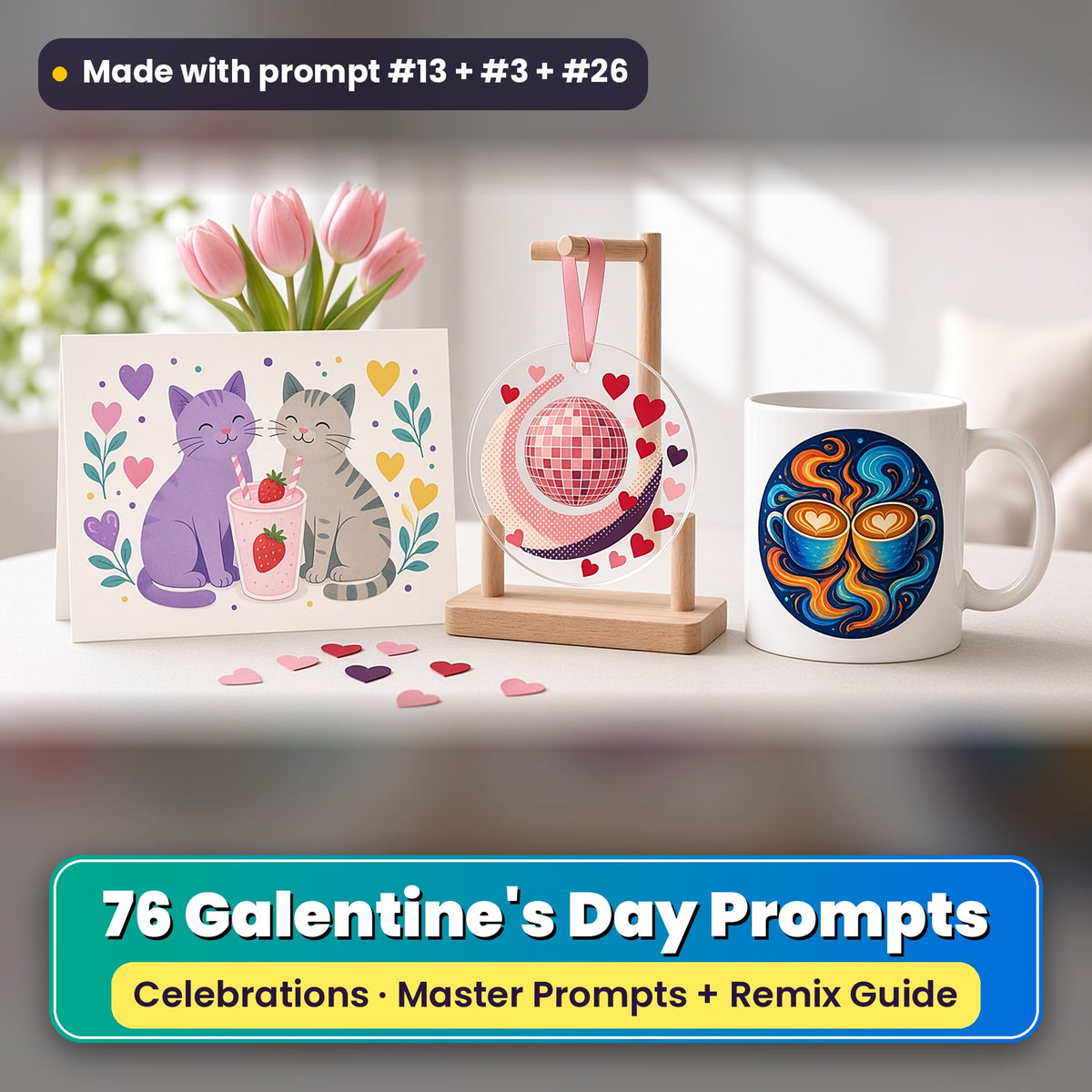 Galentine's Day prompt pack: 76 master prompts + Remix Guide, with a UV-printed greeting card, acrylic ornament and mug set made with prompts #13, #3 and #26