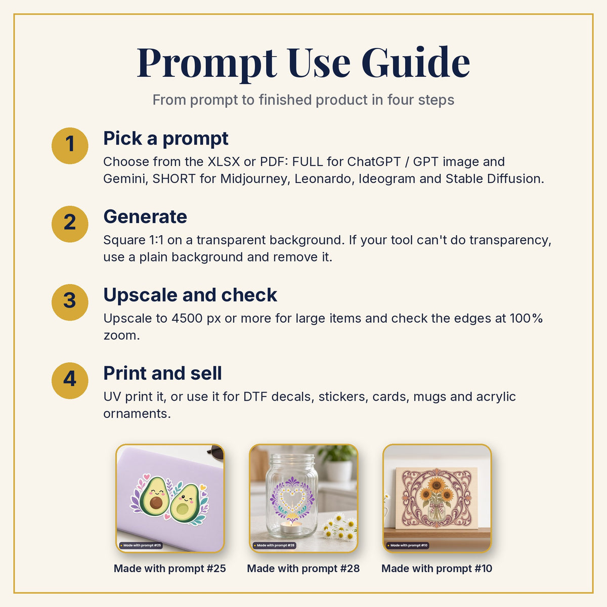 Prompt Use Guide: pick a prompt, generate, upscale and check, then print and sell, with example products made with prompts #25, #28 and #10